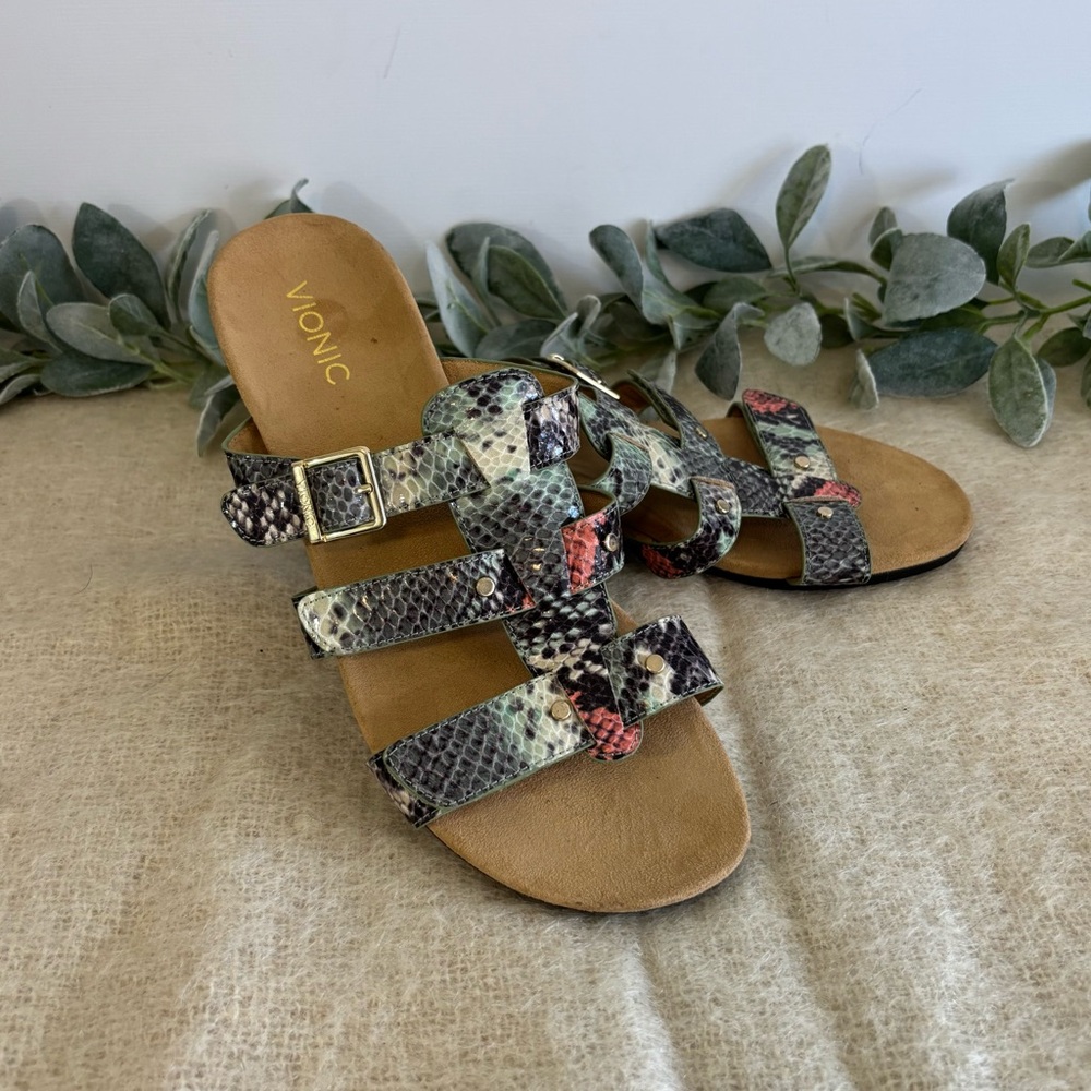 Vionic 381 Radia slip on wedge sandals multicolor snake print women size 10